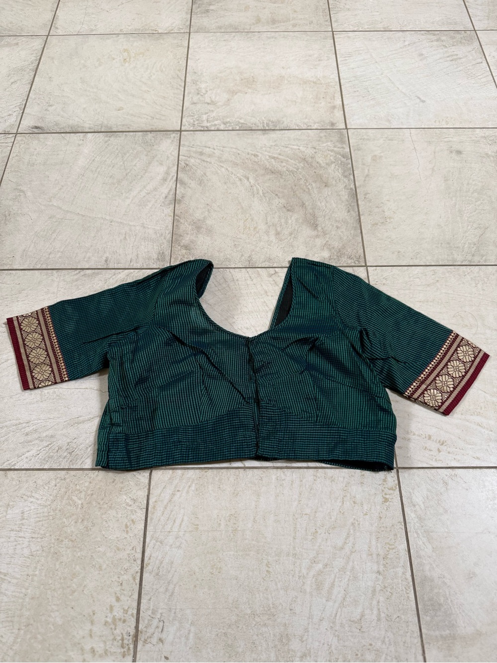 Women’s Deep Green Ethnic Blouse with Embroidered Sleeve Trim